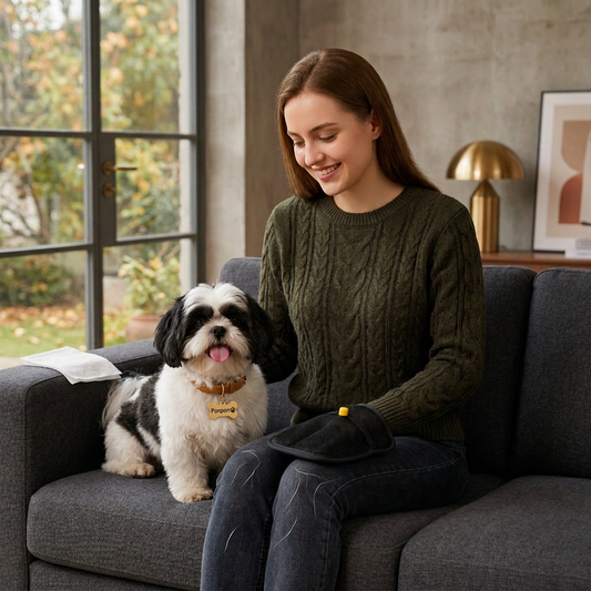 Pet hair remover glove on the sofa